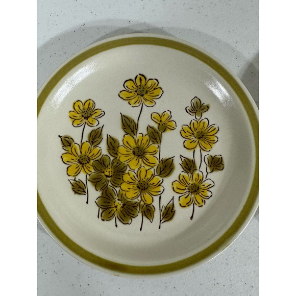 Spring Bouquet Stoneware Yellow Floral Green Band Bread & Butter Plate Set of 2 - Picture 4 of 7